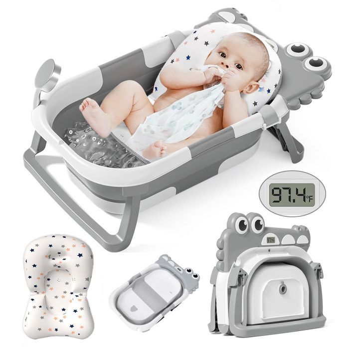Bañera plegable para bebés con cojín, termómetro integrado y orificio de drenaje para bebés de 0 a 36 meses - Gris