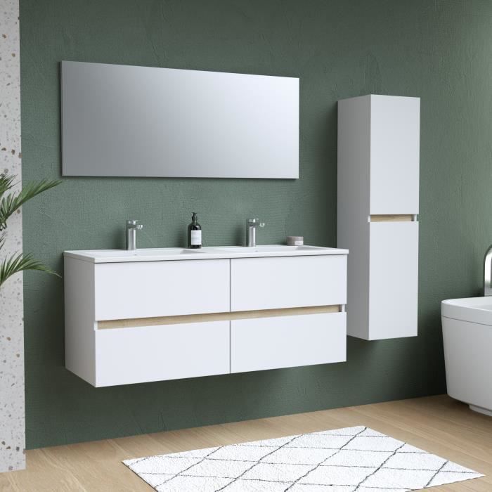 White bathroom furniture set - Double sink (120cm) - Mirror - Tall cabinet - TOTEM