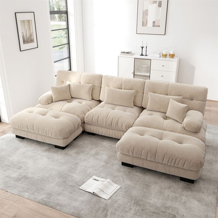 DRIPEX Cloud 4/5-Sitzer U-förmiges Sofa für das Wohnzimmer, Chenille-Ecksofa mit Hocker, 313 × 145 × 81 cm, Braun