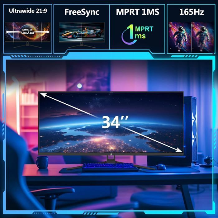 Monitor Gamer UG34W de 34 polegadas com bordas curvas, UWQHD 3440x1440, 1ms MPRT, proporção 21:9, IPS, 100% sRGB, FreeSync, 300 cd/m², PIP e PBP, 165Hz - Preto