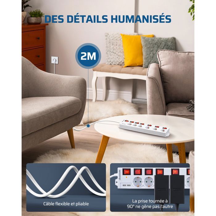 DEWENWILS 3680W strømskinne, 6 x 16A stikkontakter med 2 USB-porter, individuelle brytere, 2m hvit kabel
