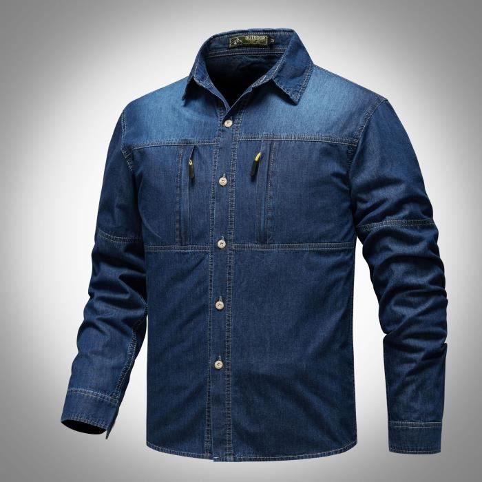 Camisa vaquera retro para hombre - INSFITY - Tallas grandes - Manga larga - Azul oscuro