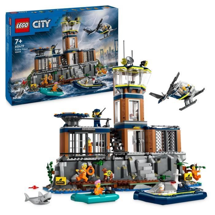 LEGO® 60419 City La Prison de la Police en Haute Mer, Jouet avec Hélicoptère et Bateau, 7 Minifigurines et Figurine de Chien