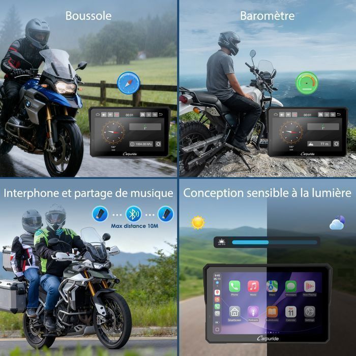 CARPURIDE W502BS Pro Radio para motocicleta de 5” con CarPlay y Android Auto, compatible con motocicletas BMW, pantalla táctil impermeable IP67, Native Wonder
