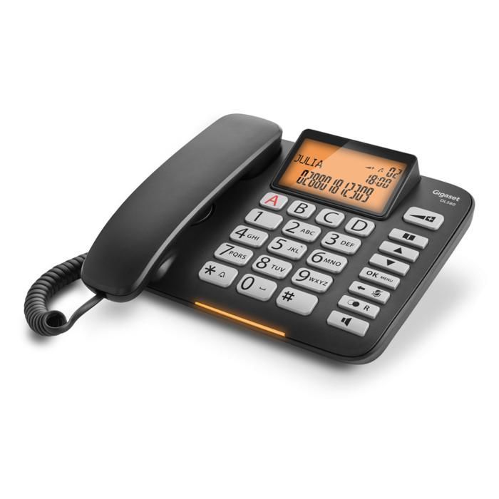 Téléphone filaire - GIGASET DL580 - Mains libres - ID d'appelant - Répertoire 99 noms et numéros - Noir