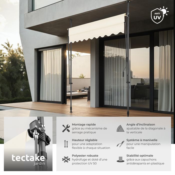 Gartenmarkise – TECTAKE – Anclipsmarkise ohne Bohren, mit höhenverstellbarer Kurbel – Beige – 200 x 180 cm