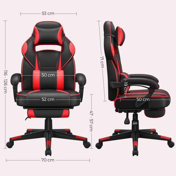 Sedia da gaming SONGMICS, sedia da ufficio, regolabile, poggiapiedi telescopico, meccanismo a dondolo, portata massima 150 kg, nera e rossa