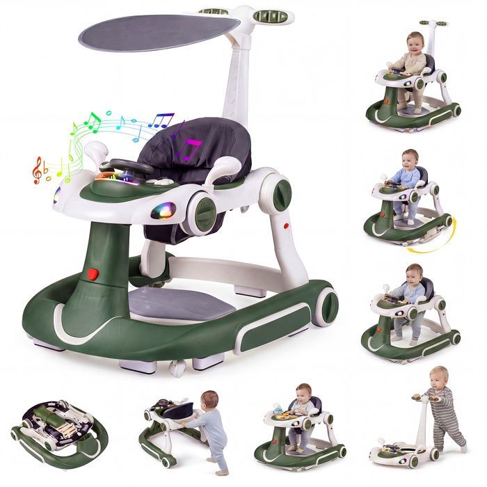 Trotteur Bébé Evolutif 7 en 1 COSTWAY-Hauteur/Vitesse Réglables-Lumières et Musique-Siège Amovible,Anti-basculement-Vert et Blanc