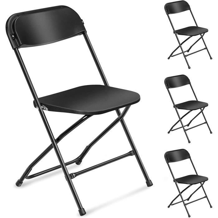 Juego de 4 sillas plegables de plástico negro, portátiles y apilables, para uso comercial en interiores y exteriores, con estructura de acero.