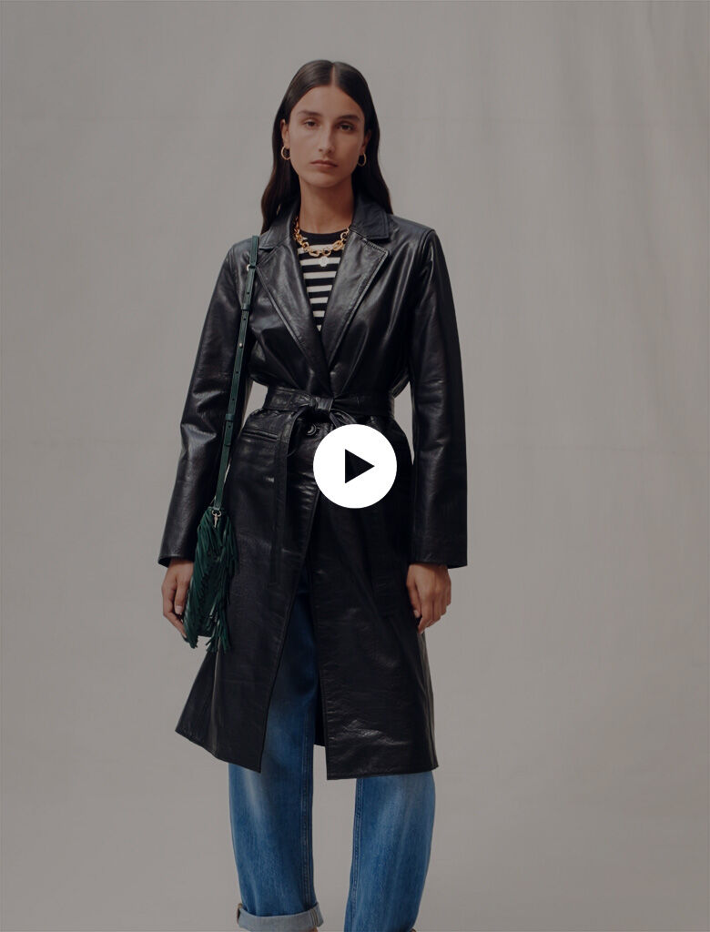 Trench din piele neagră - Negru