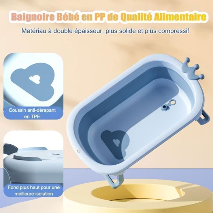 Baignoire Bébé Couronne Pliante pour 0-6 ans bébé avec Tapis de Bain Détachable - 36L/Bouchon de Vidange/TPE Coussin Antidérapant