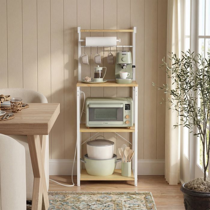 Mobile contenitore da cucina con ripiano regolabile, 8 ganci, angolo caffè, 4 ripiani, bianco e rovere.
