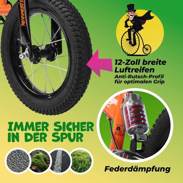 Orange Rennmeister balance bike for children, pedal-free, with suspension, max weight capacity 50kg, drum brakes, shock-absorbing padding, and a cycling saddle.
