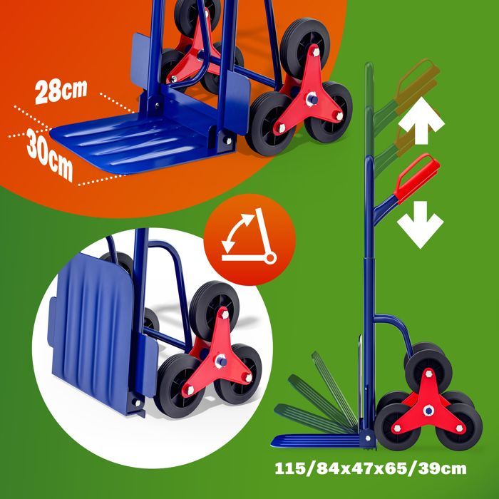 Carro de mano plegable ajustable DEUBA® para subir escaleras, capacidad de carga de 200 kg, 6 ruedas, para mudanzas de alta resistencia.