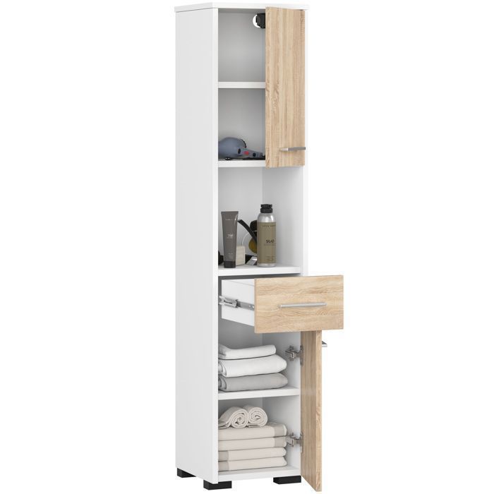 AKORD FIN Witte Badkamerkolom 30 cm 2 Deuren 1 Lade Sonoma Eiken Front 5 Planken 30x30x140 cm