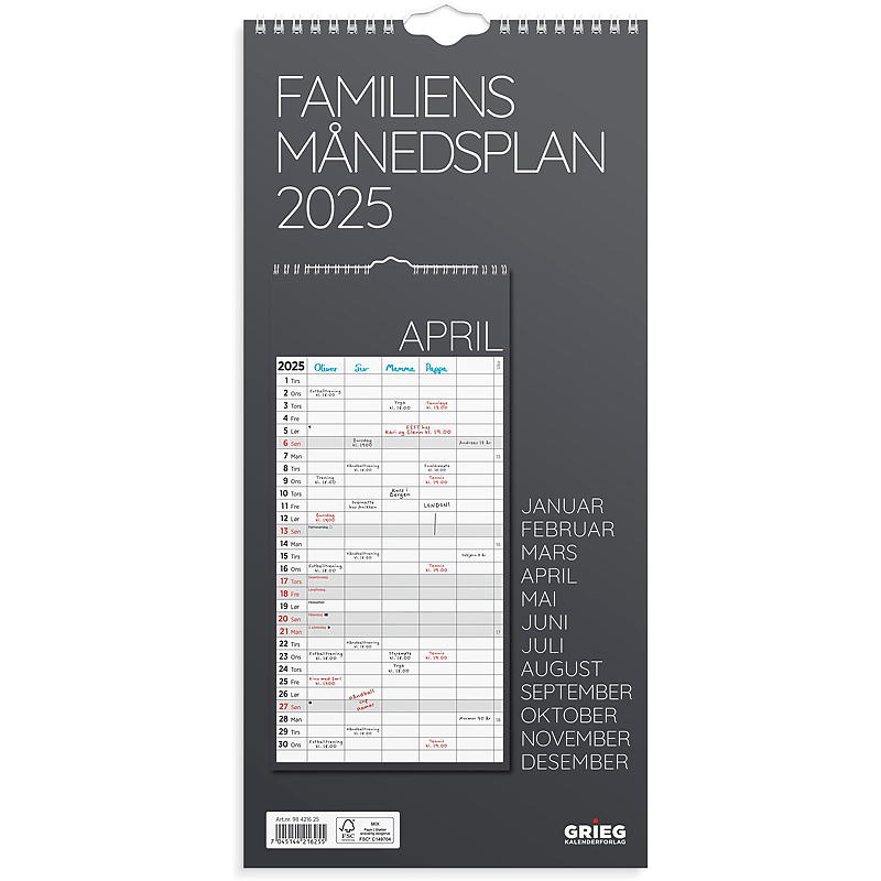 Vægkalender familie månedsplan grå 2025