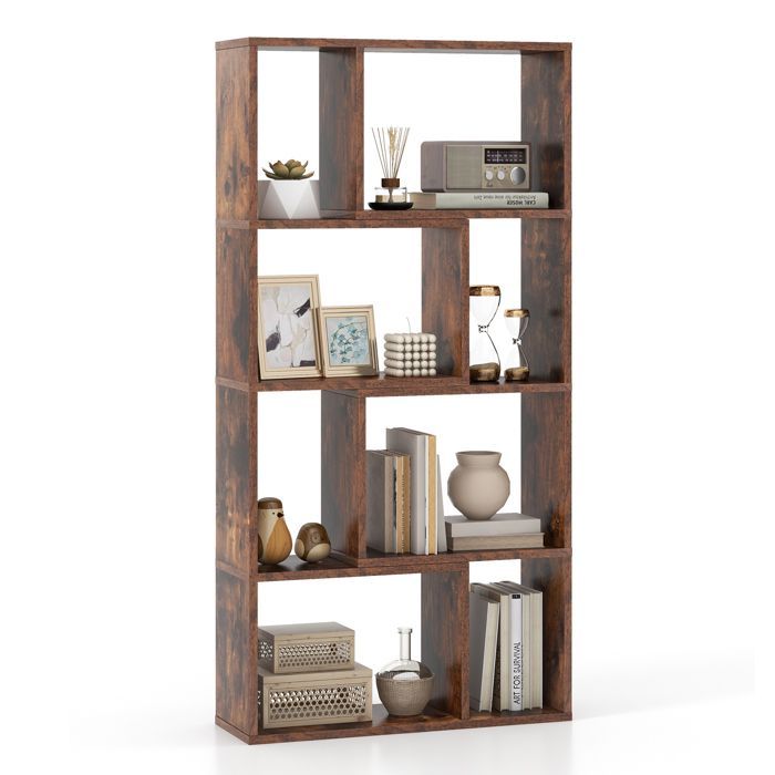 Estantería geométrica COSTWAY de 120 cm con 4 niveles y 8 cubos, estantería abierta de madera para salón, dormitorio u oficina, color marrón.