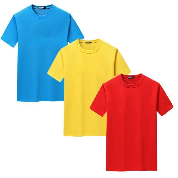 Pack de 3 camisetas de manga corta para hombre, de algodón, con cuello redondo y estampado, de la marca FUNMOON - Rojo-Amarillo-Azul