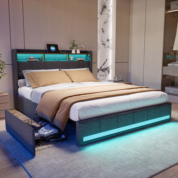 Letto matrimoniale 140 x 190 cm con rete a doghe, letto matrimoniale con cassetti, porte LED e USB, letto matrimoniale imbottito con struttura a doghe in legno, biancheria grigia