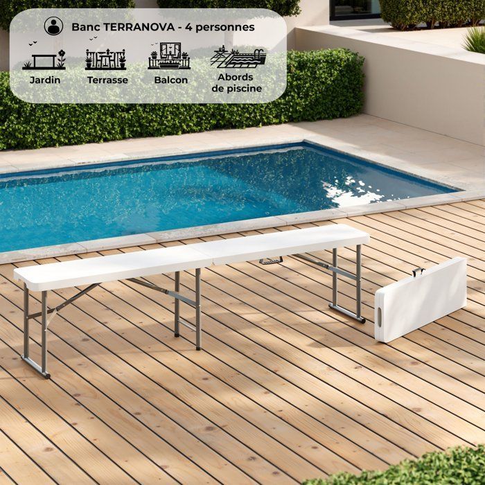 Banco de recepción plegable - TERRANOVA - Blanco - Estructura de acero y asiento de polietileno HDPE - 4 personas - 180 x 28 x 43 cm