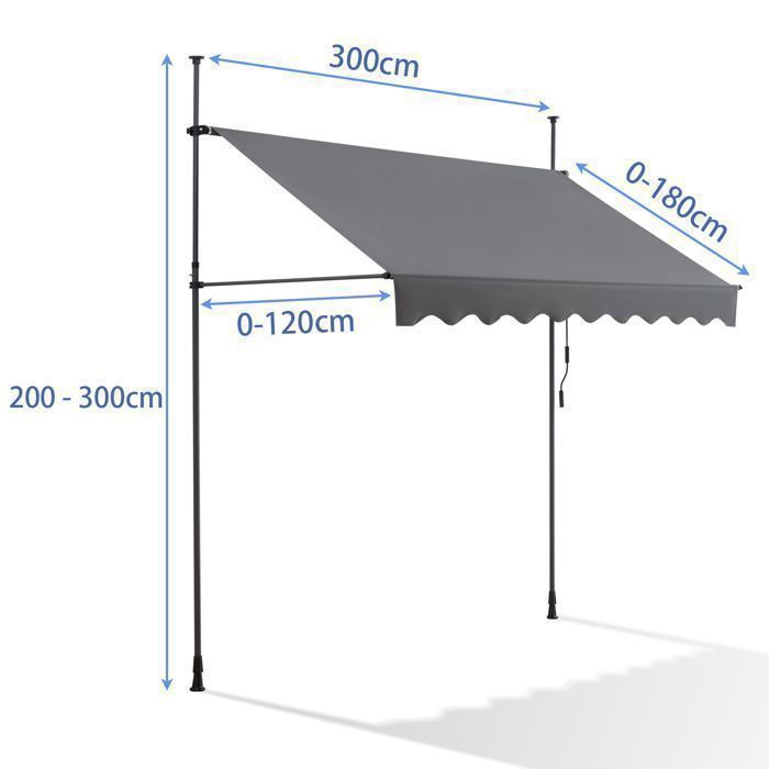 Canopée Auvent rétractable Gris 3m Store Manuel Balcon Exterieur sans Percer avec Marquise Soleil terrasse Hauteur réglable