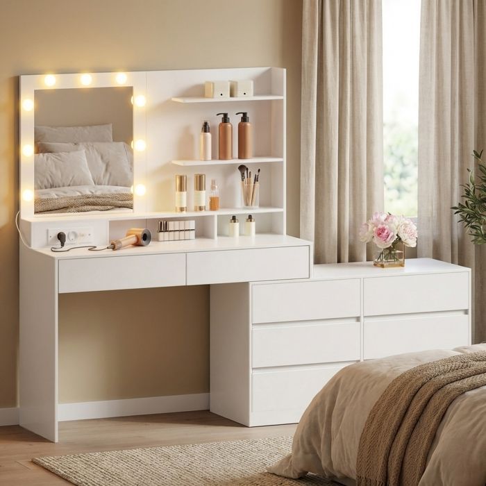 Coiffeuse en Ligne ou en L, Miroir LED 9 Ampoules, avec Multiprise, 8 Tiroirs, Blanc