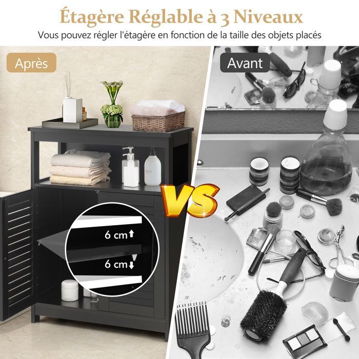 COSTWAY Meuble de Rangement pour Salle de Bain en Bois avec Placard 2 Portes à Volet Etagère Réglable pour Salle de Bain Salon Noir
