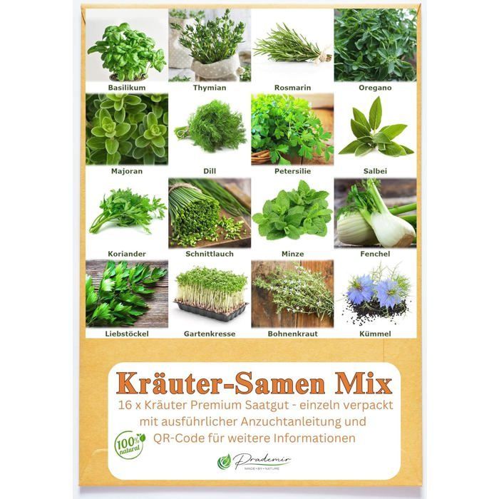 Kit de Sementes de Ervas PRADEMIR - 16 Variedades de Ervas Aromáticas - Sementes 100% Naturais - Variedades Mais Populares