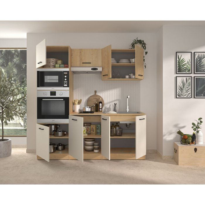 ALPAGA - Cocina completa - Roble Silva / Greige - 200 x 60/31 x 211 cm - Con columna de horno y encimera - GAMI