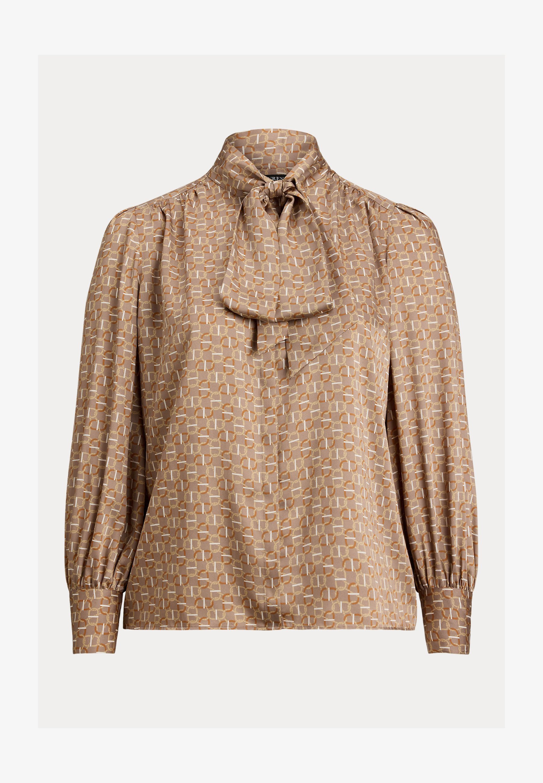 Lauren Ralph Lauren Damesblouse van geoprinttwill met strik bij de hals - Blouse met knoopsluiting - taupe/multicolor
