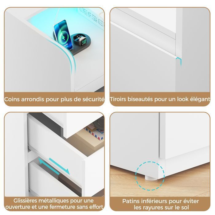 Lot de 2 Table de Chevet 40×35×68cm, 3 Tiroirs, 2 USB Ports et 2 Prises, LED Réglable, Moderne, Scandinave, Blanc
