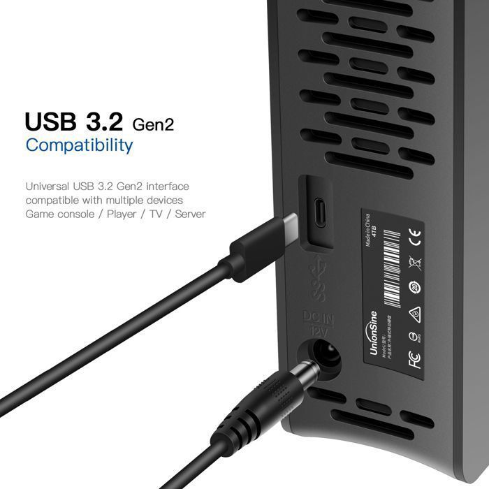 UnionSine externe harde schijf 3,5 inch USB 3.2 Gen2 Type-C 16 TB zwart - Compatibel met pc, Mac, PS4, Xbox en tv