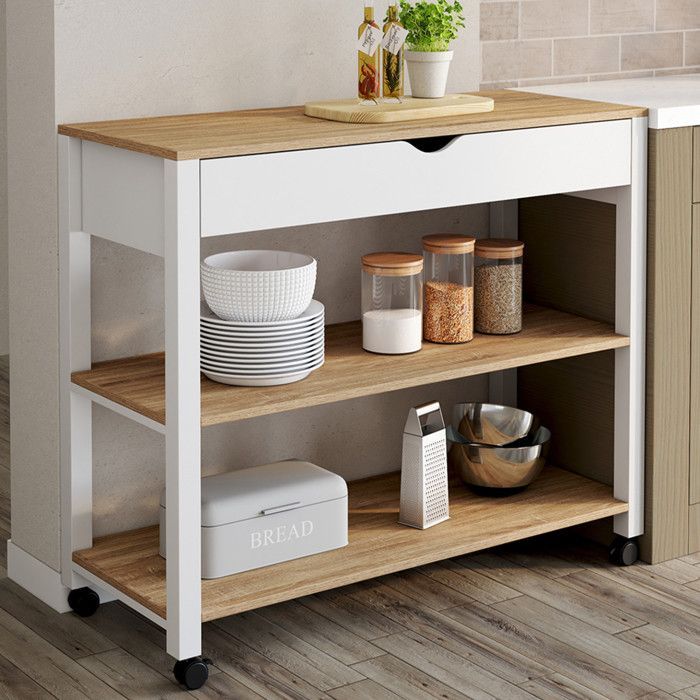 Carrito de cocina IDMARKET PENH XXL con cajón y encimera blanca, estantes efecto haya, 100 cm de largo.