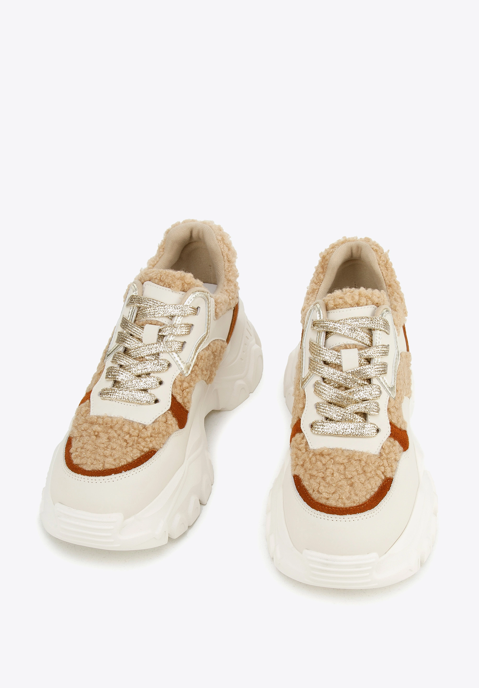 Damskie sneakersy ze sztucznym futrem biało-beżowe