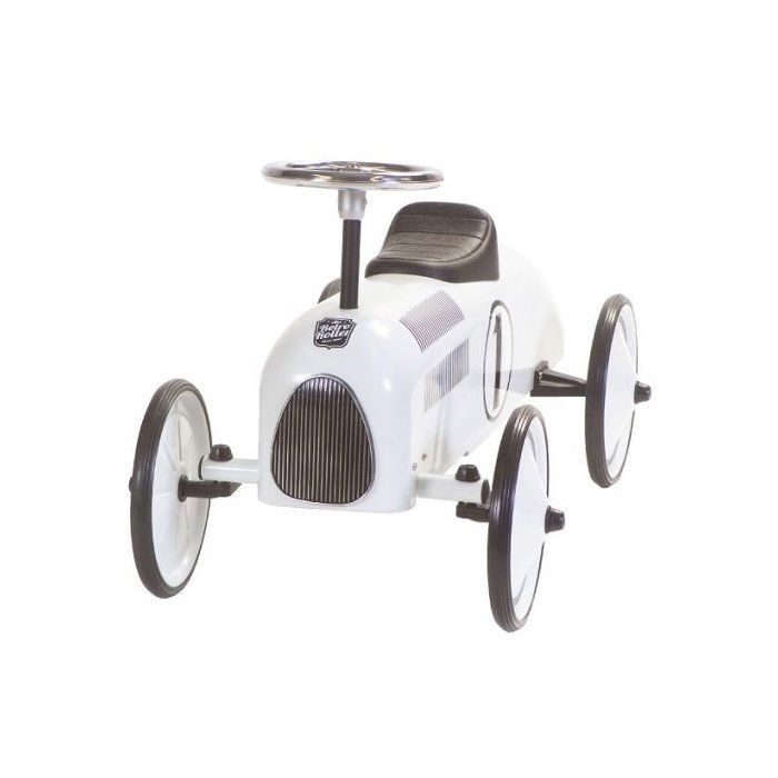 Retro Baby Racer -ajettava auto - Vintage Metallinen Kilpa-auto, Valkoinen - Tukeva ja vakaa - 24 kuukauden iästä alkaen - Varhaisoppimisen lelusetti ja kortti