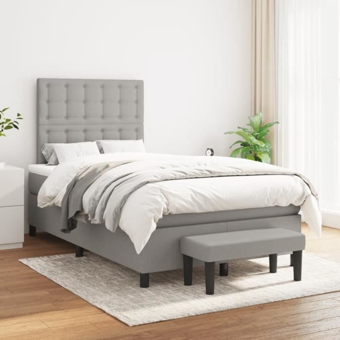 Base de cama de láminas y colchón - MOTHINESSTO - 120x190 cm - Tela gris claro - 2 plazas - Ajustable