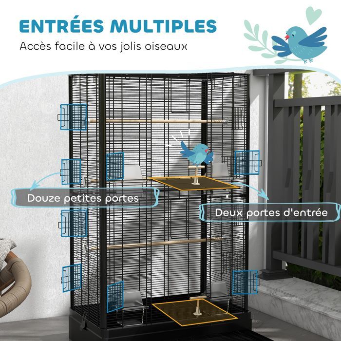 Cage à oiseaux volière avec portes perchoirs cage pour canaris perruches perroquets 61 x 36,5 x 98 cm noir