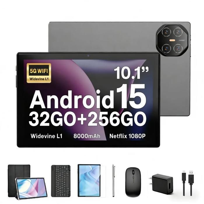 TAKINURU 10,1 tuuman tabletti, Android 15, 32 Gt + 256 Gt, kahdeksanydinsuoritin, 5G Wi-Fi, Type-C-portti, 8000 mAh akku, harmaa