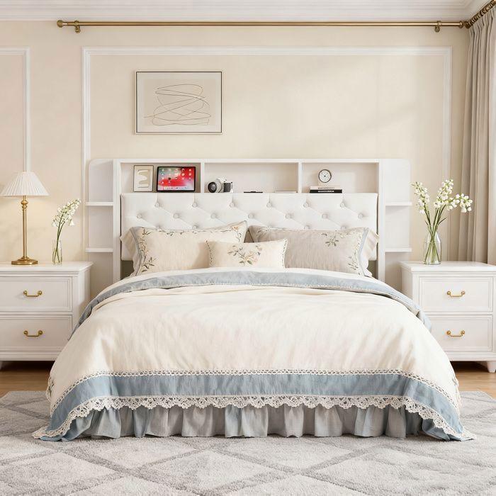 Cama de 140x190 cm - Terciopelo blanco - 2 cajones - LED y USB - Somier de láminas incluido