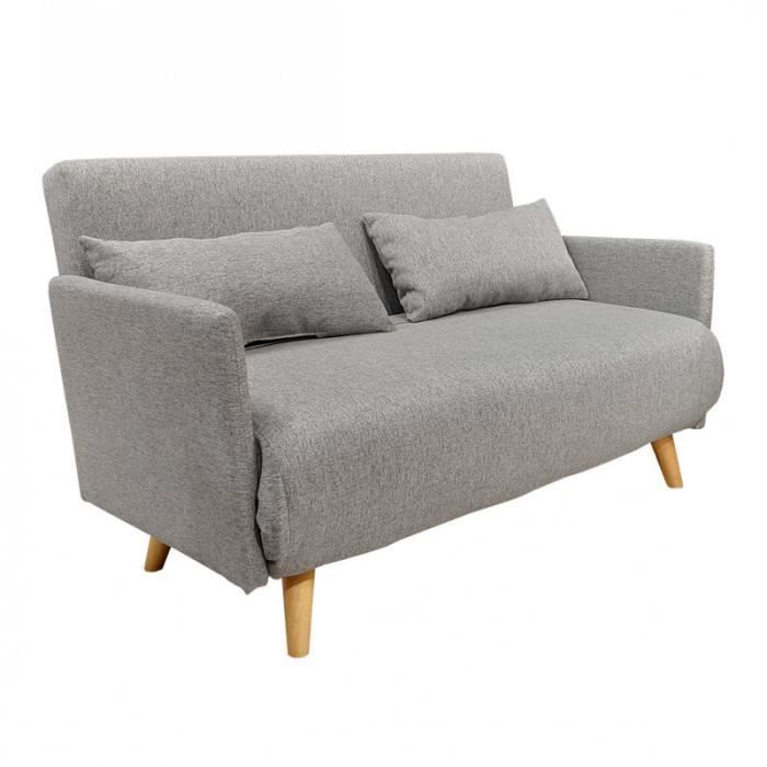Divano letto trasformabile a 2 posti in tessuto grigio chiaro con gambe in legno - JUDY