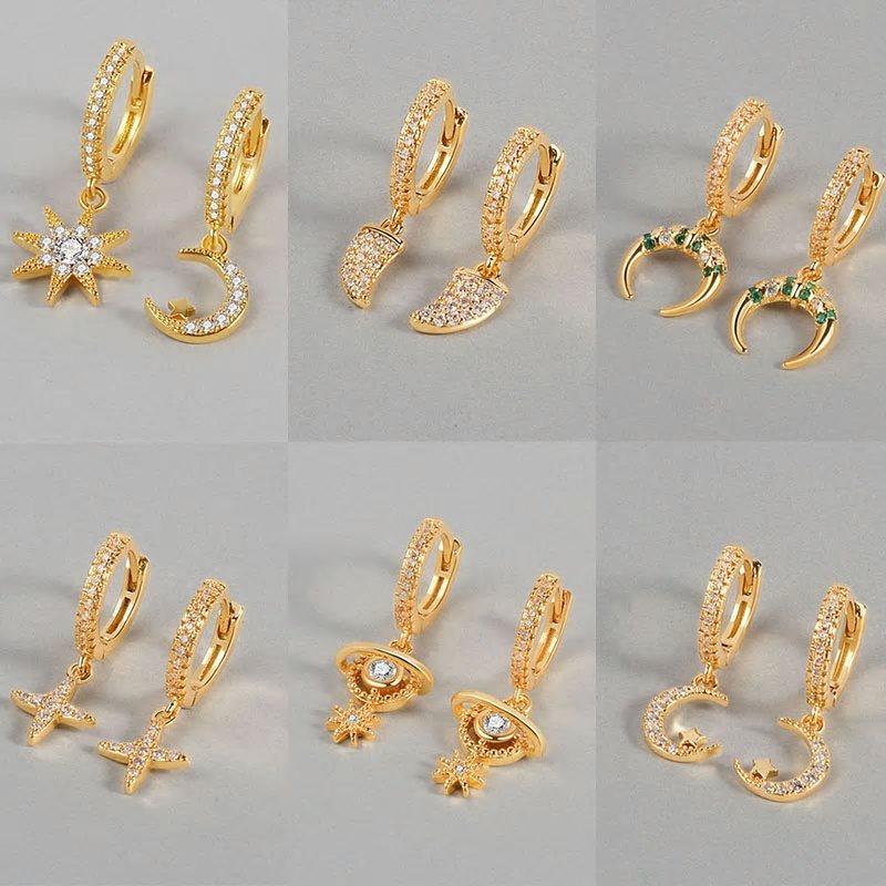 VENTFILLE 925 Silver Earrings – Gold-tone Cross, Moon, and Star Design – Small Hoop Earrings for Women – Fine Jewelry
