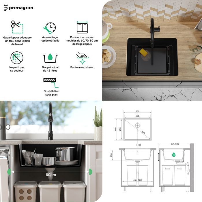 Primagran Venice Easy 56x44cm Unterbauspüle, 1-Becken-Granitspüle + Abflussgarnitur, komplett schwarz