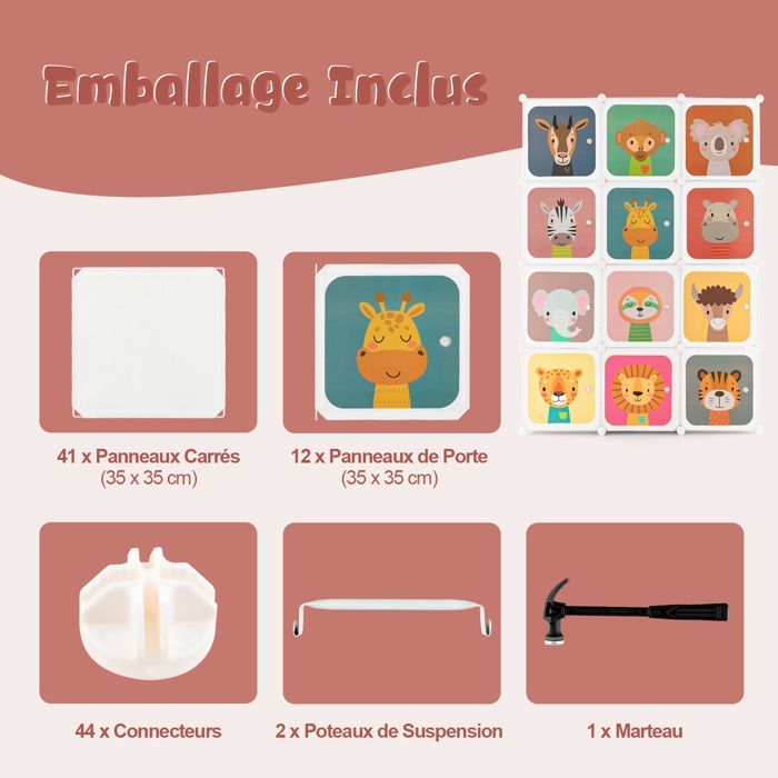 Armario infantil GOPLUS, estantería modular con 12 cubos, puertas, 2 barras para colgar ropa, para