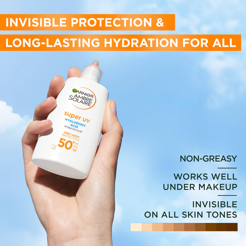 Garnier Ambre Solaire Super UV Fluido de proteção solar com ácido hialurônico e efeito hidratante