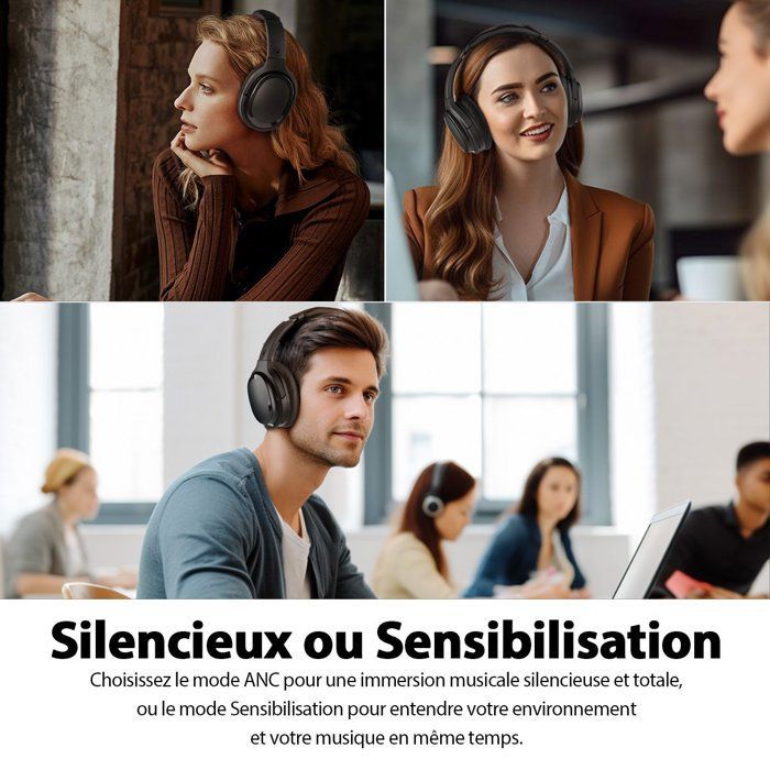 Fones de ouvido SE7D com cancelamento de ruído ativo híbrido, fones de ouvido Bluetooth sem fio supra-auriculares, chamadas nítidas, ajuste confortável, preto.