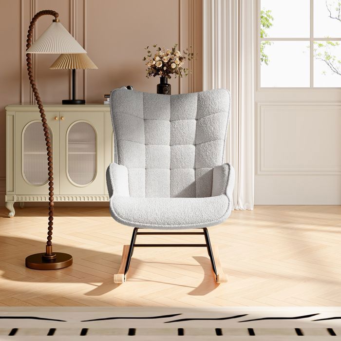 Schommelstoel, fluwelen relaxstoel met teddybeerprint, schommelstoel voor de woonkamer, massief houten en metalen frame, lichtgrijs
