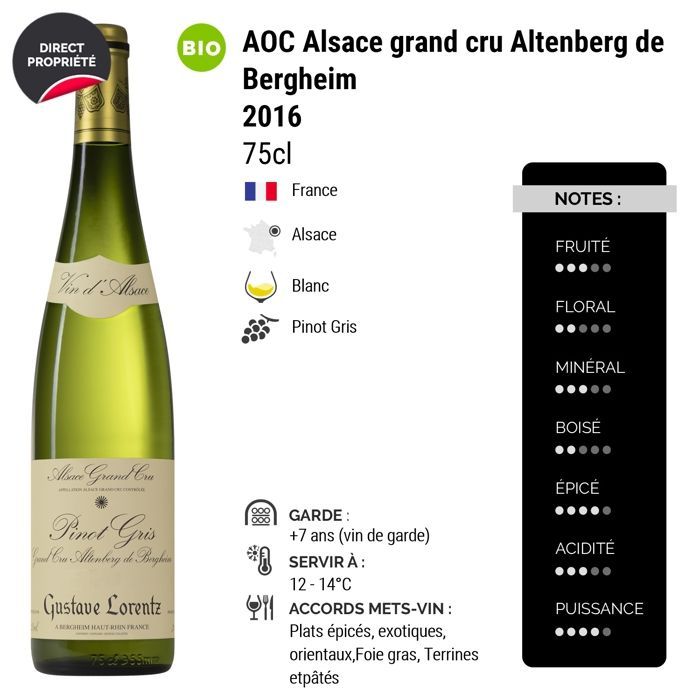 Gustave Lorentz Alsace Grand Cru Altenberg de Bergheim Pinot Gris Vieilles Vignes 2016 – Elsässer Weißwein (3 x 75 cl) Bio Süßwein