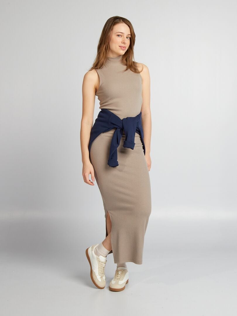 Lange gebreide rok met split - BEIGE