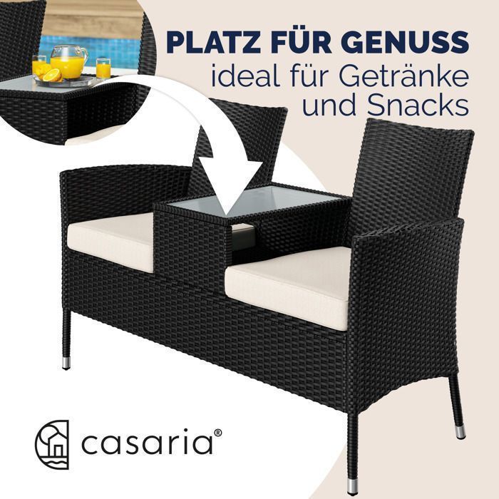 Banc de jardin CASARIA® en polyrotin 2 places avec coussins table intégrée 145 x 58 x 87 cm Salon de jardin extérieur noir