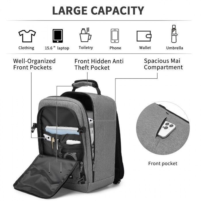Mochila Kono de 40x30x20cm, compatible con Ryanair, 24L, para equipaje de mano debajo del asiento en avión, para hombres y mujeres, color gris.